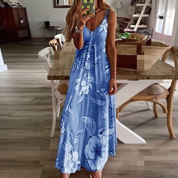 Vestido Lencero Largo Adelgazante Con Estampado Floral Para Primavera Y Verano Para Mujer 5XL Azul-image