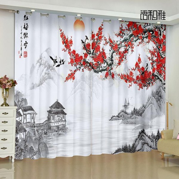 Cortinas Chinas Personalizadas Tela Para Cortinas Paisaje Transparente Flor PáJaro Flor De Ciruelo Dormitorio Sala De Estar Cortina Para Ventana 2 Paneles 140W160H(Cm)55X63In&Rod Pocket-image