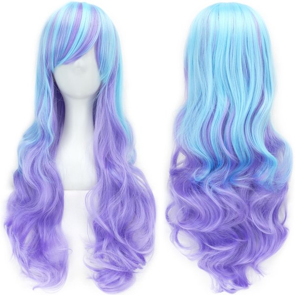 Ombre TęCzowa Peruka Cosplay Z Grzywką Czerwona ŻółTa Fioletowa Zielona Niebieska Peruki Z WłOsóW Syntetycznych Dla Czarnych Kobiet 28Inches White-image