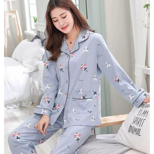 Pijama 100% AlgodóN Puro Para Mujer, Manga Larga, Primavera Y OtoñO, CáRdigan Con Solapa, Se Puede Usar Para Salir, Conjunto De Ropa De Estar Para Invierno Xxxl Gray-image