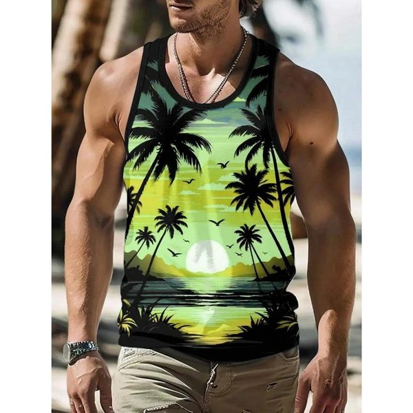 Letni Top Z OkrąGłYm Dekoltem Z Nadrukiem 3D PlażA Drzewa Kokosowe Modny Casualowy Wakacje Na Hawajach Bez RęKawóW Kamizelka MęSkie T-Shirty S Beige-image
