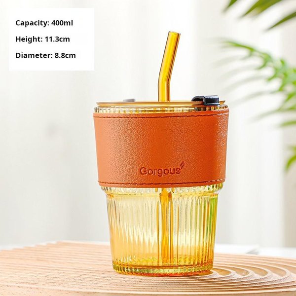 Vaso De Vidrio Rayado De 400Ml Vasos Transparentes Con Tapa Y Pajita Taza Para Café Helado Taza De Té Vaso Para Jugo Vaso Para Leche Agua CristaleríA 400Ml-image