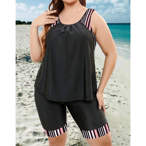 2025 Print Patchwork 2 Piece Plus Size Tankini Kobiety Paski Wysoki Stan KrąGłY Kostium KąPielowy PlażA Dama DużY Kostium KąPielowy 1XL Beige-image