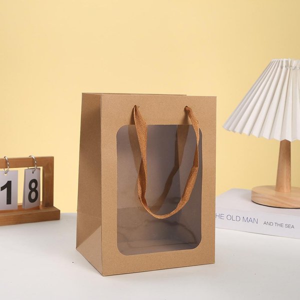 5 Sztuk Czarnych Torebek Prezentowych Z Papieru Typu Kraft Z Przezroczystym Okienkiem Torby Na Zakupy Z Uchwytami Na Prezenty, Festiwale, Imprezy, Sklepy Detaliczne Boutique 5Pcs-image