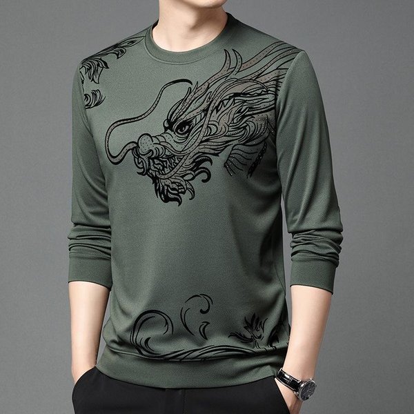 Wiosna Nowa Longnian Nowa Bluza MęSka OkrąGłY Dekolt Modna Casualowa Flokowana MęSka Koszulka Z DłUgim RęKawem Xxxxl Black-image