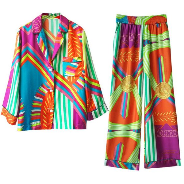 Conjunto De Pijama Vintage De Primavera De SatéN De Seda Estampado Para Mujer 2 Piezas Manga Larga Suelto Lujoso Pijama Verde M Blue-image