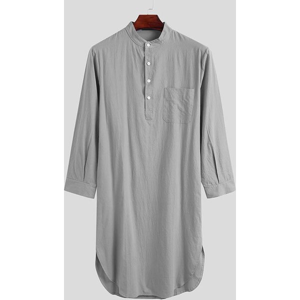 2026 Bata De Hombre Camisa De Hombre AlgodóN Botones Bata De Dormir Color SóLido Cuello Alto Manga Larga Pijama Moda CóModa Ropa De Casa Bata Holgada XXL Gris-image