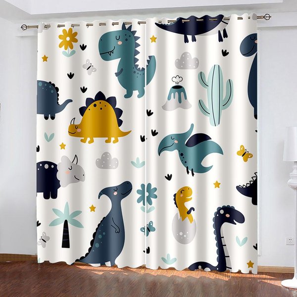 Cortinas De Dinosaurios De Dibujos Animados Para HabitacióN Infantil Cortinas De Ventana Para Sala De Estar HabitacióN Cortinas Enrollables HabitacióN Infantil DecoracióN Del Hogar W65X60H(Cm)X2Pcs&Grommet Top-image