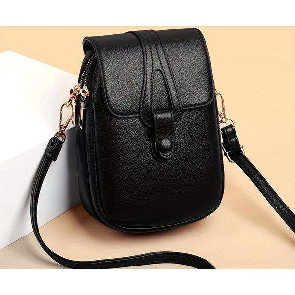 Elegancka Torebka Crossbody Z Klapką Ze Sztucznej SkóRy Dla Kobiet, MałA Torba Na Telefon Z Regulowanym Paskiem Czarny-image