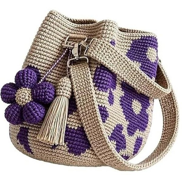RęCznie Robiona SzydełKowa Torba Na Zakupy W Kwiaty Dzianinowa SzydełKowa Torebka W Kwiaty Torebka Crossbody SzydełKowa Dla Kobiet Boho PlażOwa SzydełKowa Torebka Torba Na Ramię Fioletowy-image