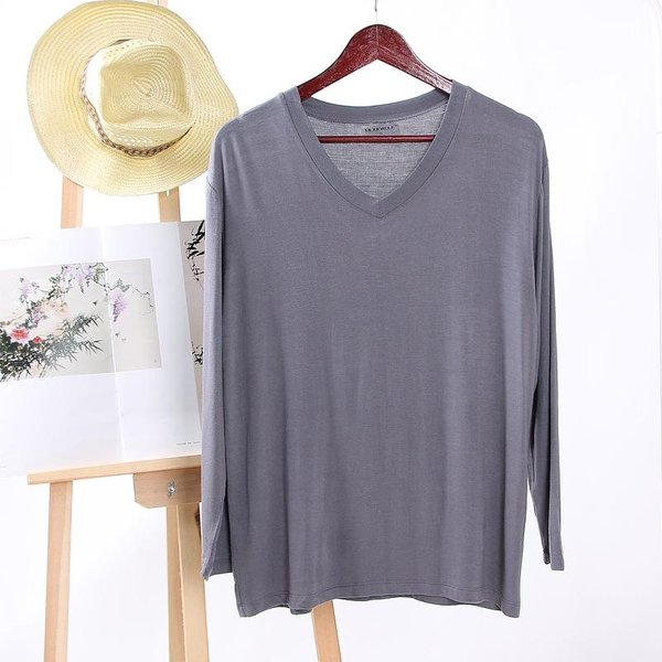Nueva Camiseta De Manga Larga Para Hombre De Primavera Y Verano, Color SóLido De Modal, Cuello En V, Camiseta Interior, Pijama, Ropa Sencilla Para El Hogar, Tops Para Dormir XL White-image