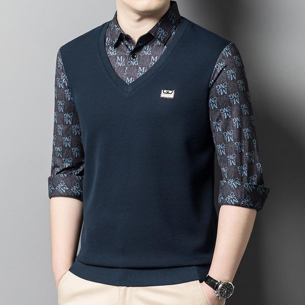 Camiseta De Manga Larga Con Retazos Para Hombre, Camisa Floral Con Cuello, Camiseta BáSica Casual De Negocios Xxxxl-image