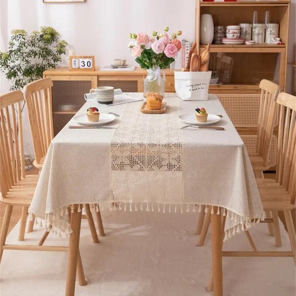 Rustykalny Obrus ProstokąTny Szyty Z WycięCiami Styl Wiejski Zmywalny FręDzle Obrus Kuchenny Jadalnia Dekoracja ŚWiąTeczna 100X140Cm White-image