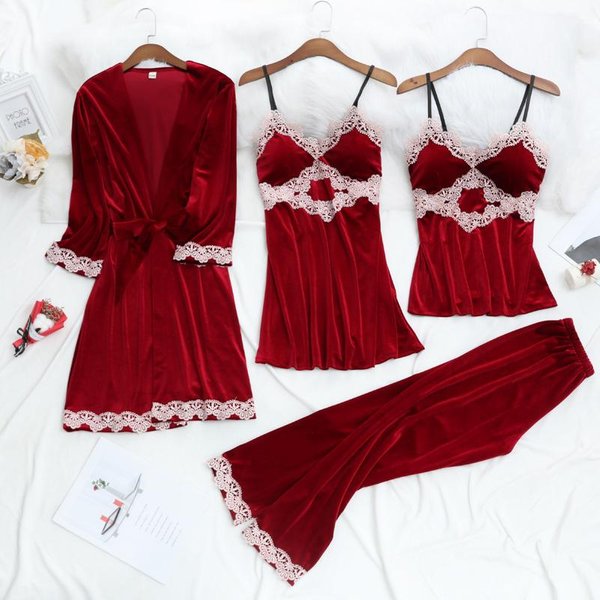 Conjunto De Pijama De Cuatro Piezas Con Ribete De Encaje Sexy Para Mujer, Ropa De Dormir Femenina, Traje De PantalóN, CamisóN De Terciopelo Rosa, Ropa De Hogar Holgada De Terciopelo Para OtoñO E Invierno. XL Brown-image