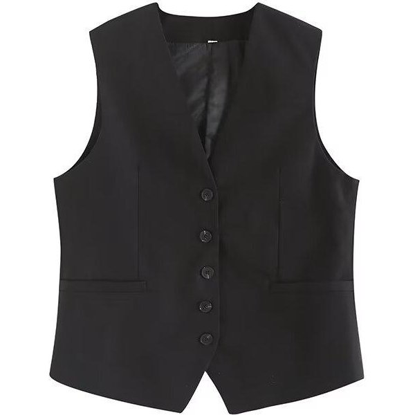 Chaleco De Lino De Color SóLido Con Cuello En V Para Mujer L Negro-image