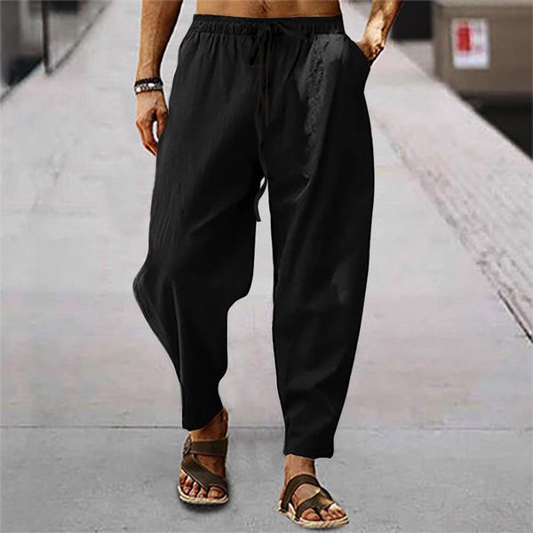 Pantalones Informales Sueltos Y CóModos Para Hombre, Pantalones Con Botones De Lino Y AlgodóN S Negro-image