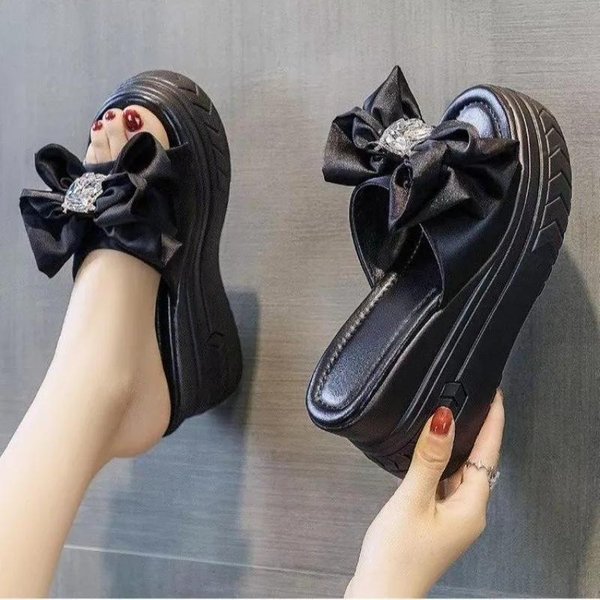 Zapatos De Mujer Punta Abierta Pantuflas De Mujer Plataforma Pantuflas Casuales Mujer Punta Redonda Nudo De Mariposa CuñAs Sandalias De Exterior 38 Negro-image