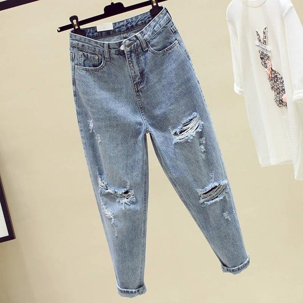 Jeans Rotos De Nueve Puntos Para Mujer Primavera Y OtoñO Nuevo Coreano Suelto Cintura Alta Adelgazantes Pantalones Harlan Dad 2XL-image