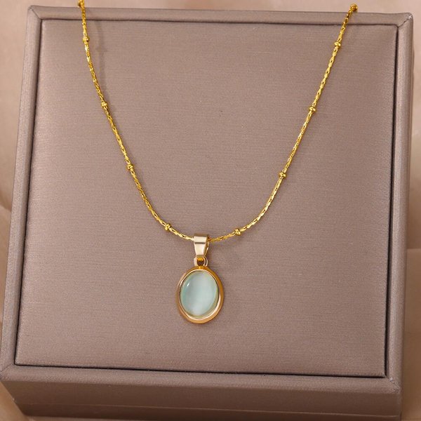 Collar Ovalado De óPalo De Piedra A La Moda Para Mujer, Collar Con Colgante De Piedra Ovalada De Color Dorado De Acero Inoxidable, Regalo De JoyeríA EstéTica De Boda 45Cm-image