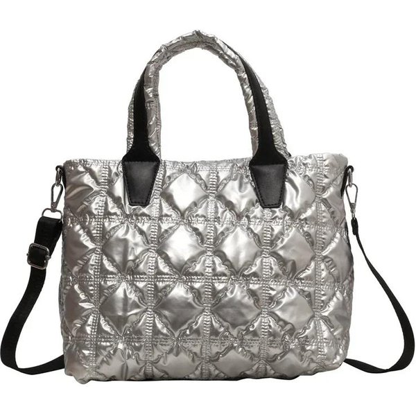 Modna BłYszcząCa Nylonowa Torba Crossbody Dla Kobiet Pikowana WyśCiełAna Torba Na Ramię DużA Pojemność PodróżNa Torba Na Zakupy Srebro-image