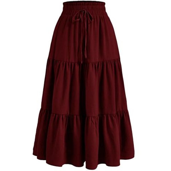 Falda De Mujer EláStica De Cintura Alta Con Cordones, Estilo Bohemio, Con Estampado Floral, Dobladillo Con Volantes Y Costuras, Falda Larga S Brown-image