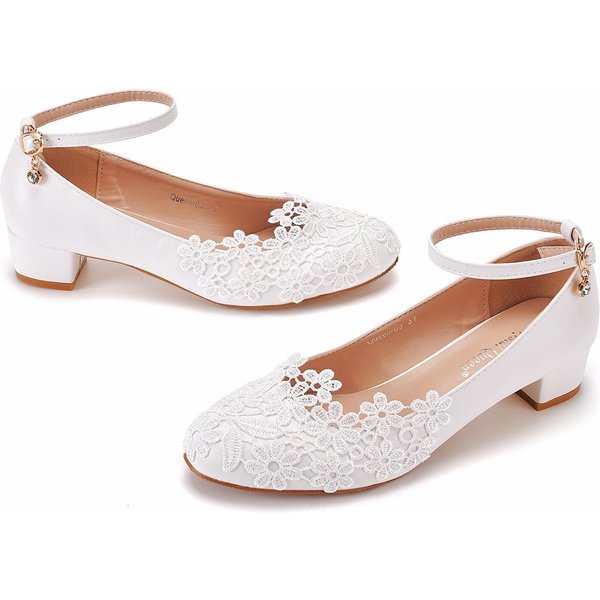 Zapatos Individuales De TacóN Cuadrado De 3 Cm De TamañO Grande, Punta Redonda, Pulsera De Una LíNea, Zapatos Individuales De Primavera Y OtoñO, Zapatos De Boda De Encaje, Zapatos Blancos De Mujer 39 White-image