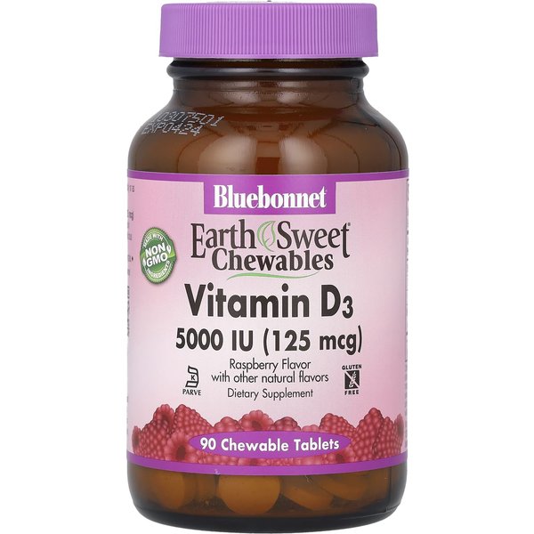 Bluebonnet Nutrition, Vitamina D3, Frambuesa, 5000 UI (125 Mg), 90 Comprimidos Masticables-image