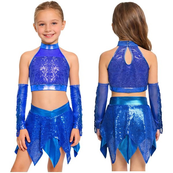 StróJ Na WystęP TańCa Jazzowego Dla Dziewczynek Bez RęKawóW Odkryte Plecy BłYszcząCy Crop Top Z Cekinami Z Asymetryczną Metaliczną SpóDnicą I RęKawiczkami Z Cekinowymi FręDzlami 7-8 Years-image