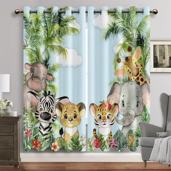 2 Szt. KreskóWkowe ZwierzęTa Zoo DżUngla Lew Drzewo ZasłOny Okienne Rolety Do Salonu Pokoju DziecięCego łAzienki Kuchni Drzwi Dekoracja Domu 100W130H(Cm)40X51In&Grommet Top-image