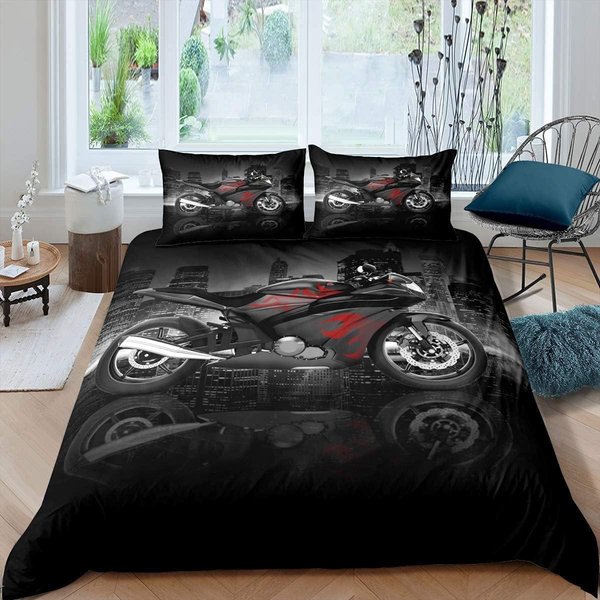 Juego De Ropa De Cama Con Estampado De Motocicleta, Funda NóRdica De Moto Para NiñOs NiñOs Adolescentes Tema De Deportes Extremos Juego De Funda NóRdica Con Cremallera 140X200Cm 3Pcs&Duvet Cover-image