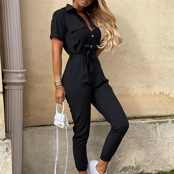 Streetwear BiałY Seksowny Kombinezon Typu Bodycon Damskie Kombinezony Pajacyki Z KróTkim RęKawem ObcisłY Letni Kombinezon Damski S Czarny-image