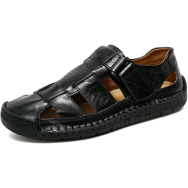 Sandalias De Playa Para Hombre De Cuero Genuino Nuevo Talla Grande 38-48 Transpirables Retro Cosidas A Mano Baotou Casual Moda Zapatos Hechos A Mano 48 Negro-image