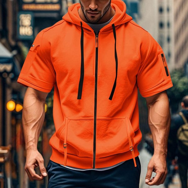 MęSka Casualowa Bluza Z Kapturem Na KróTki RęKaw, Lekka, OddychająCa, LuźNy KróJ, Zapinana Na Zamek, Sportowa Bluza, Kurtka Z Wieloma Kieszeniami, Odzież Sportowa Na ZewnąTrz XL Szafranowy-image