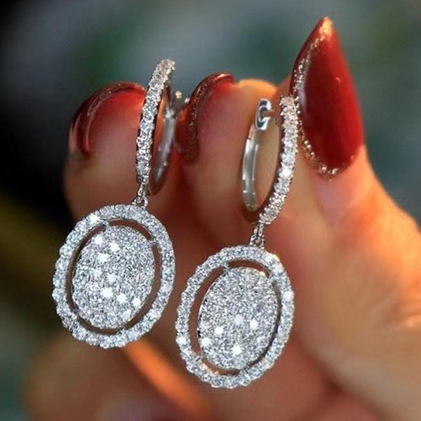 Pendientes Largos Con Colgante Ovalado De Plata De Ley Para Mujer Lujo Circonita CúBica Cristal Bling Bling Pendientes De Dama JoyeríA-image