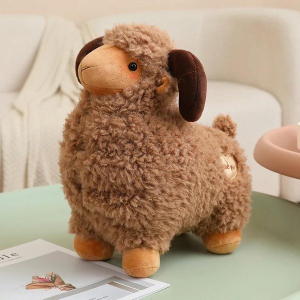 MięKka Puszysta Owca Pluszowa Urocza Kawaii Baran Pluszowa Lalka Puszysta BiałO-BrąZowa Zabawka Owca Poduszka Na Kanapę Sypialnię Dekoracja 45Cm-image