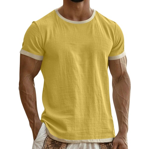 Camiseta De Manga Corta Para Hombre Colorblock AlgodóN Lino Ligera Transpirable Cuello Redondo Casual Top De Vacaciones XL Beige-image