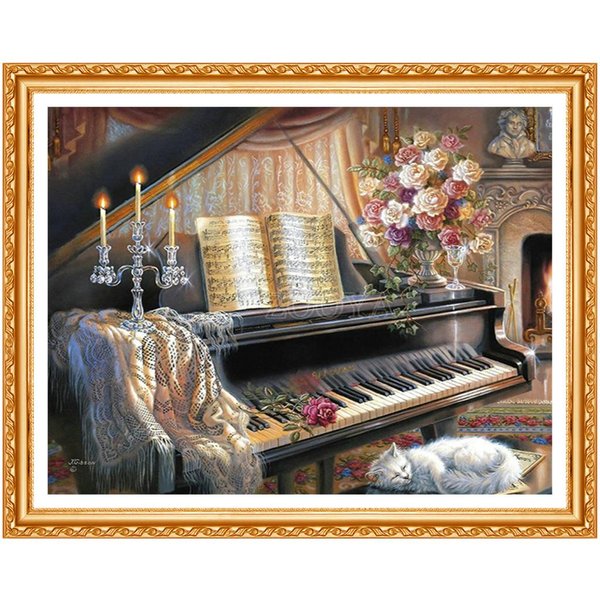 5D DIY Diamante Bordado Piano Y Gato Diamante Pintura Punto De Cruz Completo Diamantes De ImitacióN DecoracióN Del Hogar 20X30CM-image