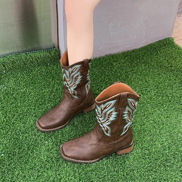 Modne Damskie Buty Western Z Haftem SkóRzane Buty Kowbojskie Do PołOwy łYdki Zimowe Buty Na Grubym Obcasie Damskie Buty Jesienne Botas Chelsea 40-image