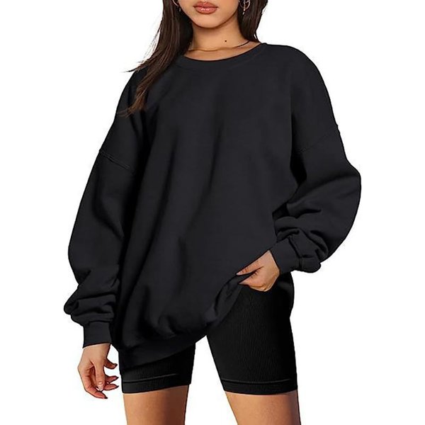 Sudadera De PulóVer De Cuello Redondo Para Mujer Y Hombre Color SóLido Oversized Suelta Casual Sudadera De Felpa XL Black-image