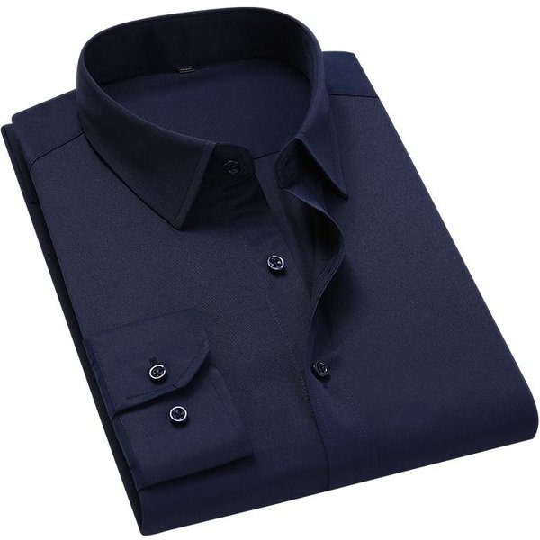 Tallas Grandes 5XL 6XL 7XL 8XL Hombres Color SóLido Camisa De Vestir Moda Casual Ajustada Blanca Manga Larga Ropa De Marca Para Hombre 5XL Azul Oscuro-image