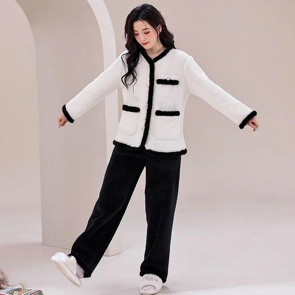 Conjuntos De Pijama De Franela Gruesa CáLida De Manga Larga Para Mujer Traje De Dormir De Terciopelo Coral Pijamas Ropa De Casa Ropa De Lujo XL White-image