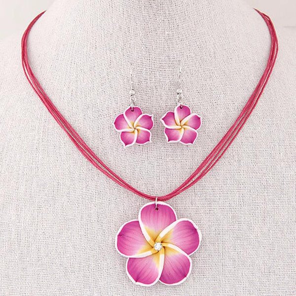 Juegos De JoyeríA De Flores De Plumeria Dulces Para Mujer Arcilla PoliméRica Fimo Pendientes Collar Con Colgante White-image