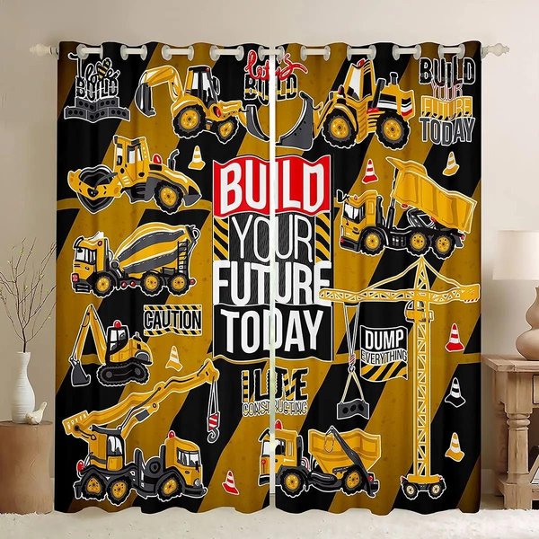 Cortinas De Dibujos Animados Para NiñOs CamióN GrúA Excavadora Favoritas De Los NiñOs ConstruccióN Maquinaria Pesada Cortinas Para Ventana Impresas En 3D Para Dormitorio W60H60(Cm)X2Pcs&Grommet Top Orange-image