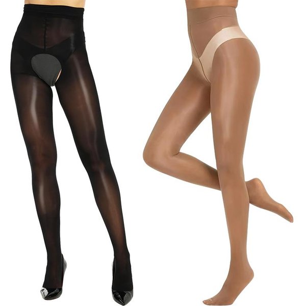 Kave 2 Pares Entrepierna Abierta/Cerrada Talla Grande Medias Suaves Brillantes De Aceite De Caballo Para Mujeres Cintura Alta Brillo Aceite De Seda Medias Transparentes Fit For 40-70Kg Brown-image