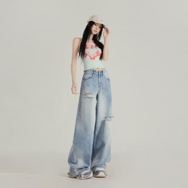 KoreańSkie Jeansy Z Dziurami Dla Kobiet Wiosenne LuźNe Dopasowane Wysoki Stan Szerokie Nogawki Jeansy Dla Kobiet Szerokie Nogawki Jeansy Dla Kobiet Jeansy Z Dziurami Dla Kobiet XL Gray-image