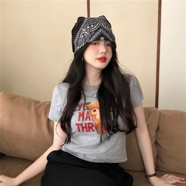 Nueva Camiseta De Verano VersióN Coreana Con Estampado De Oso De Letras De Manga Corta Para Mujer 2XL Gris-image