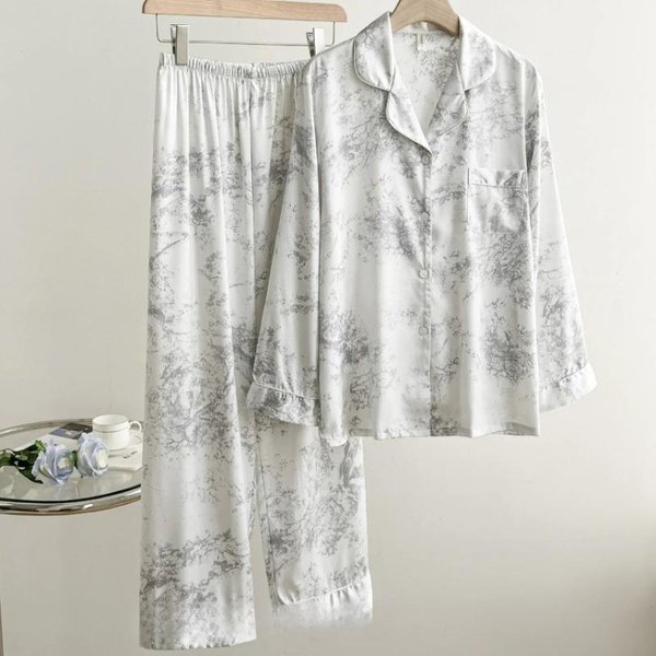 Nuevo Estilo Chino Estampado Floral Ropa De Dormir Ropa De Descanso Mujer 2 Piezas Conjunto De Pijama Manga Larga Trajes De PantalóN Elegante SatéN Ropa Para El Hogar XL Gray-image