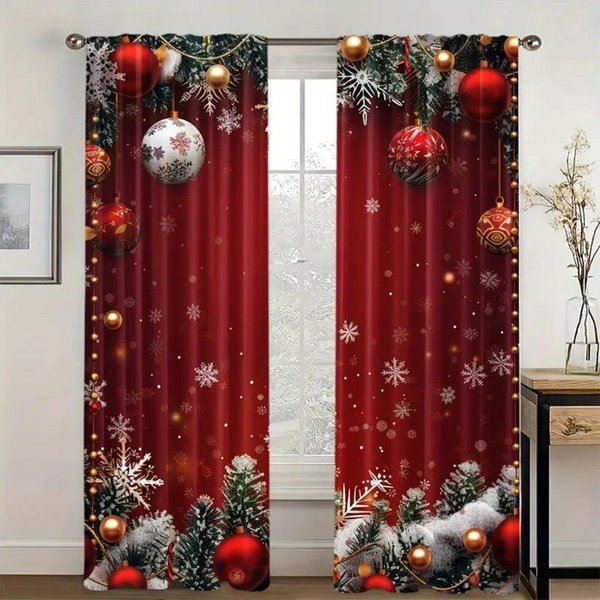 2 Piezas Cortinas De Ventana Con PatróN NavideñO Rojo Para Sala De Estar Cortinas Festivas De Bolas De Navidad Para La DecoracióN De Tu Hogar 2X67W245H(Cm)53X96In&Rod Pocket-image