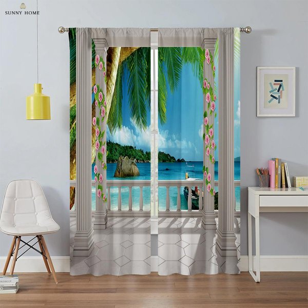 Dekoracja Okna ZasłOny Druk 3D WzóR Scenerii Okna Druk Sypialnia Salon Balkon Kuchnia Dekoracja ZasłOny W50Xh140(Cm)X2Pcs&Grommet Top Blue-image