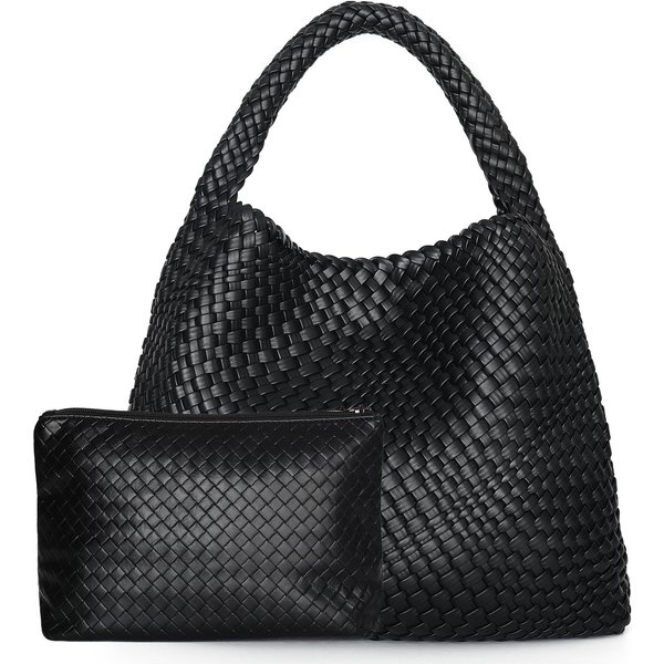 Bolso Tote Tejido Para Mujer Bolso De Mano Grande Tejido Bolso De Hombro De Cuero Suave Bolso De Compras Para El Trabajo Bolso Tote De Verano Para Playa Y Viaje Con Cartera Negro-image